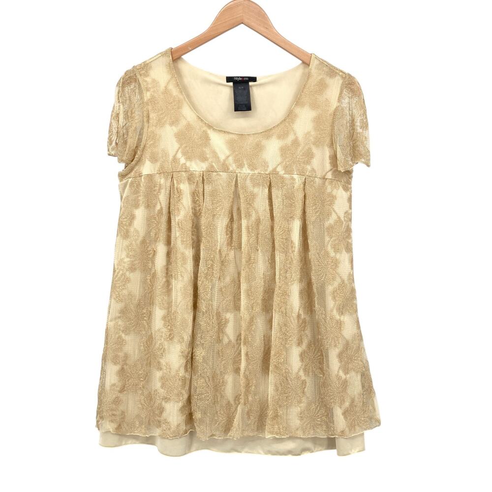 Style & Co Blouse M Gold Metallic Thread Sheer Lace Overlay Short Sleeve Top